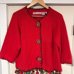 Vintage Michael Simon Red Knit Cardigan with Multicolor Buttons